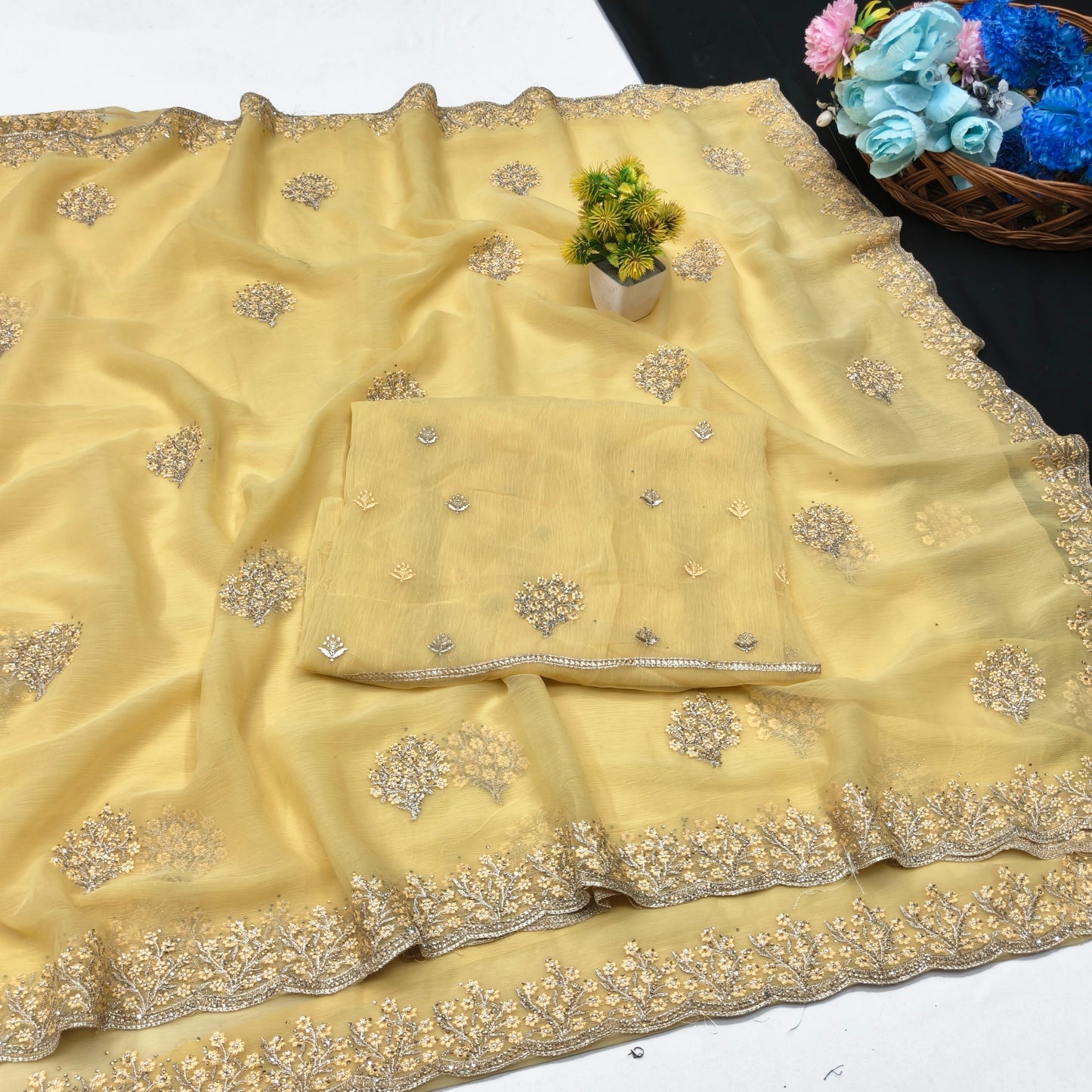 DF-JELLY FENDI SATIN FABRIC SAREE WITH HEAVY EMBROIDERY WORK WITH FLORAL DESIGN WITH BLOUSE