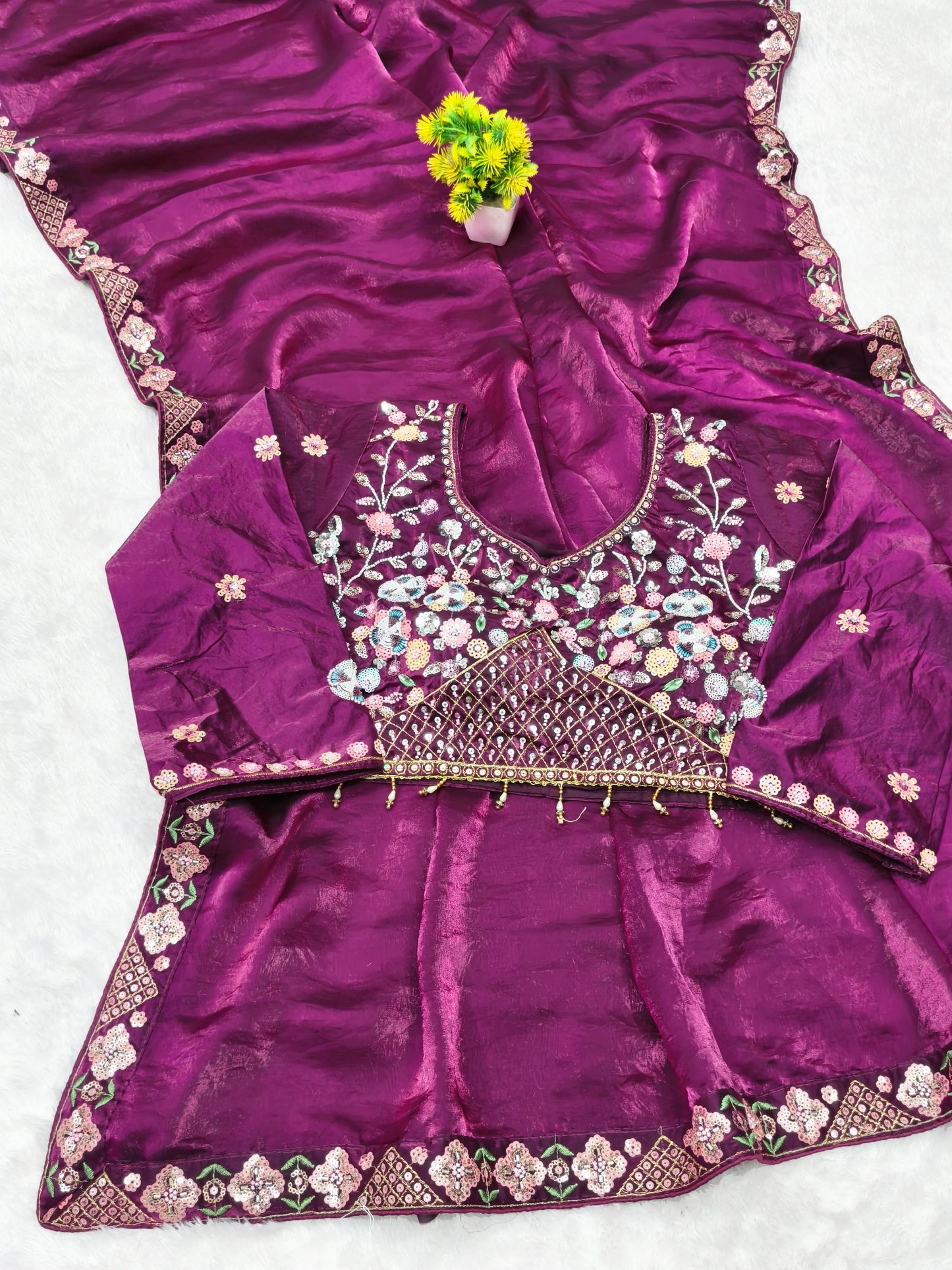 DF-MAYAWATI FENDI SATIN FABRIC SAREE WITH THREAD WORK WITH SEQUENCE BORDER WITH HEAVY HANDWORK WITH SEQUENCE WORK STICHED BLOUSE