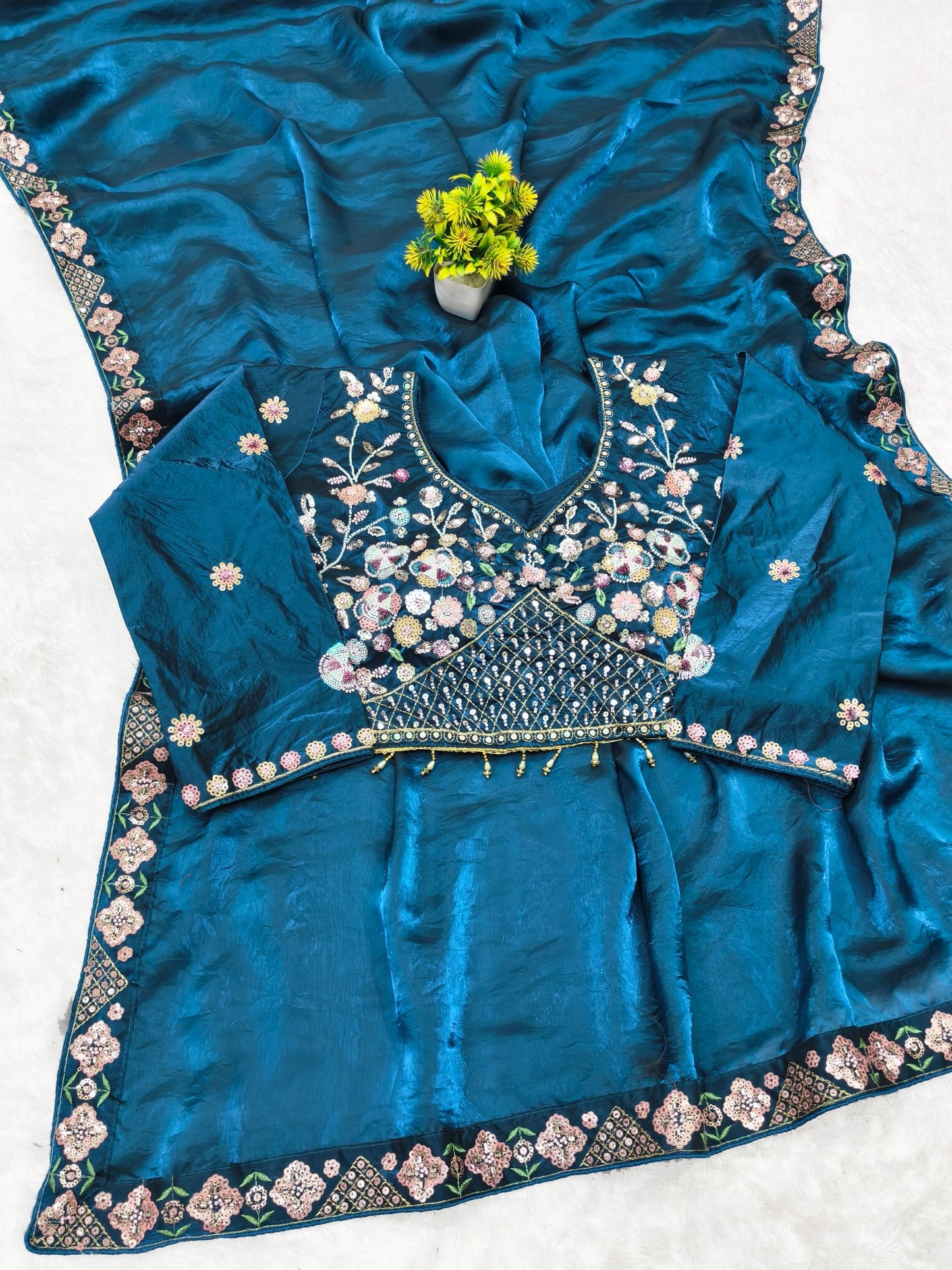 DF-MAYAWATI FENDI SATIN FABRIC SAREE WITH THREAD WORK WITH SEQUENCE BORDER WITH HEAVY HANDWORK WITH SEQUENCE WORK STICHED BLOUSE