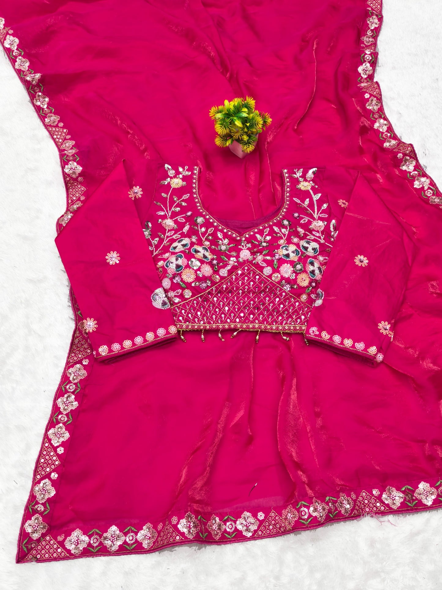 DF-MAYAWATI FENDI SATIN FABRIC SAREE WITH THREAD WORK WITH SEQUENCE BORDER WITH HEAVY HANDWORK WITH SEQUENCE WORK STICHED BLOUSE