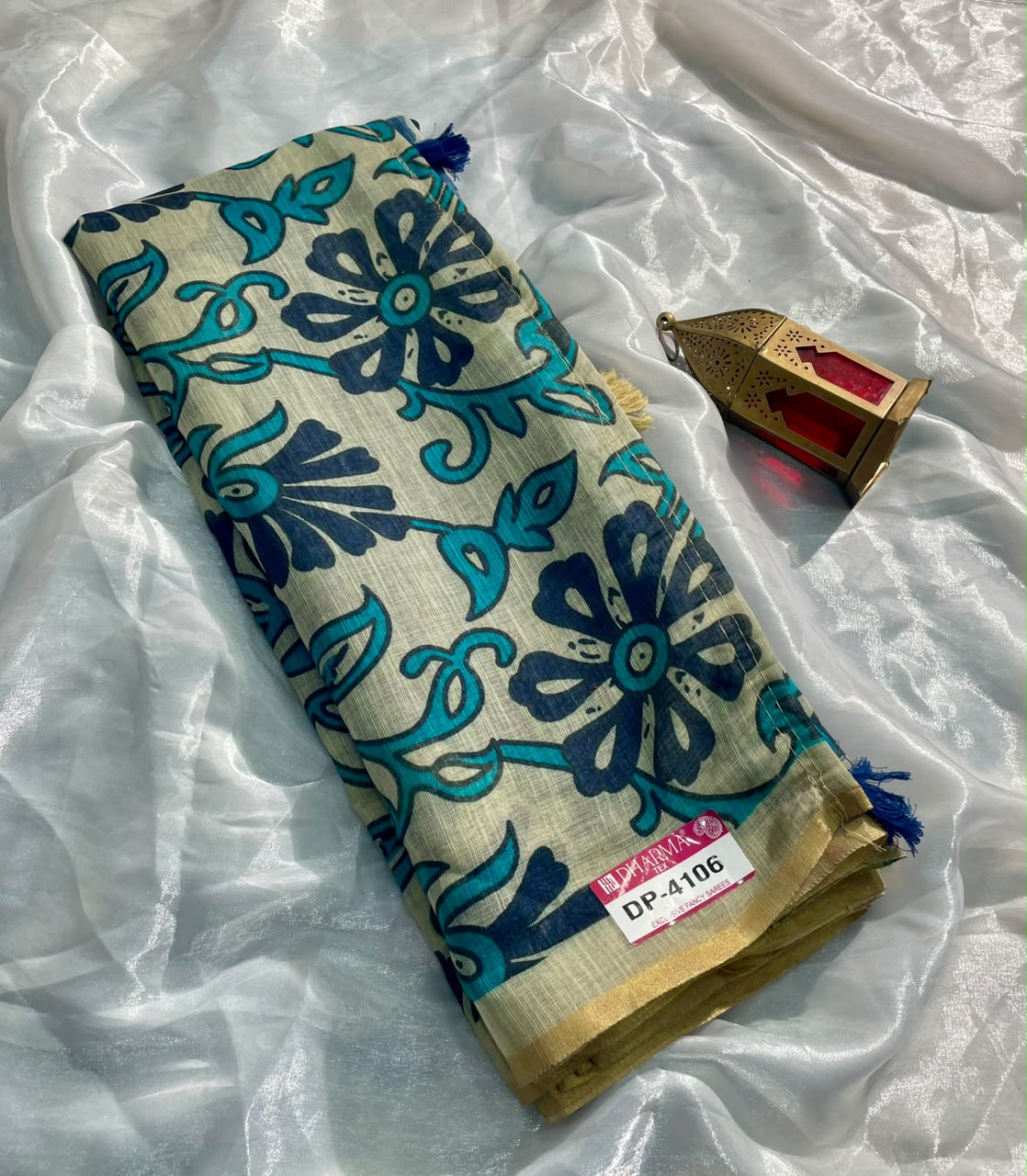 DP-4106 LINEN COTTON FABRIC SAREE WITH BEAUTIFUL DESIGN WITH FLORAL DESIGN WITH TASSELS WITH BLOUSE