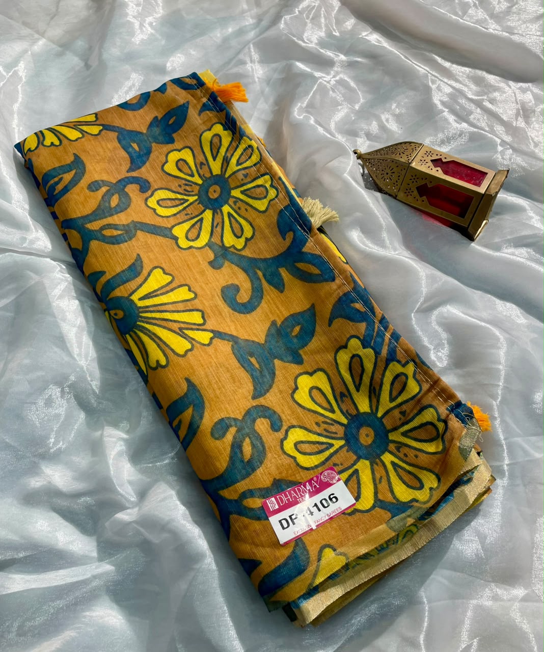 DP-4106 LINEN COTTON FABRIC SAREE WITH BEAUTIFUL DESIGN WITH FLORAL DESIGN WITH TASSELS WITH BLOUSE