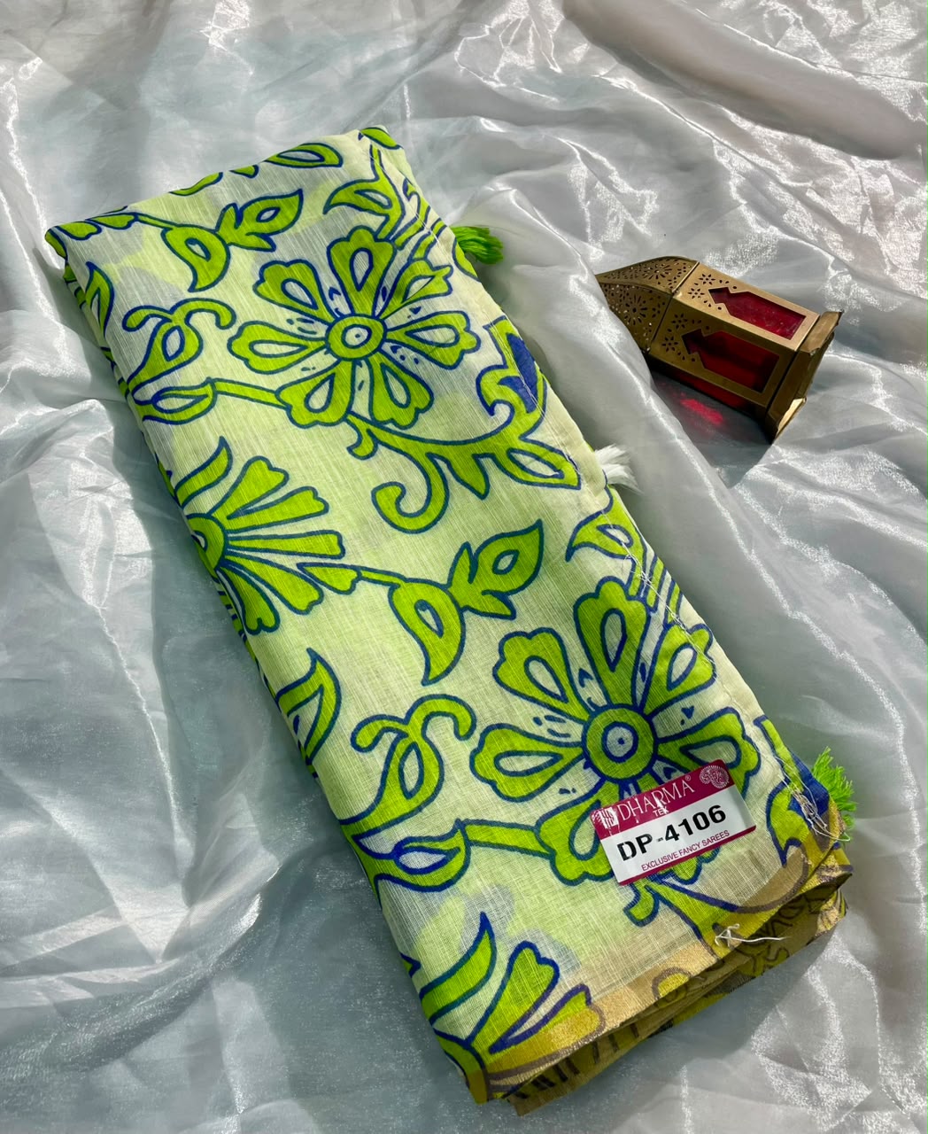 DP-4106 LINEN COTTON FABRIC SAREE WITH BEAUTIFUL DESIGN WITH FLORAL DESIGN WITH TASSELS WITH BLOUSE