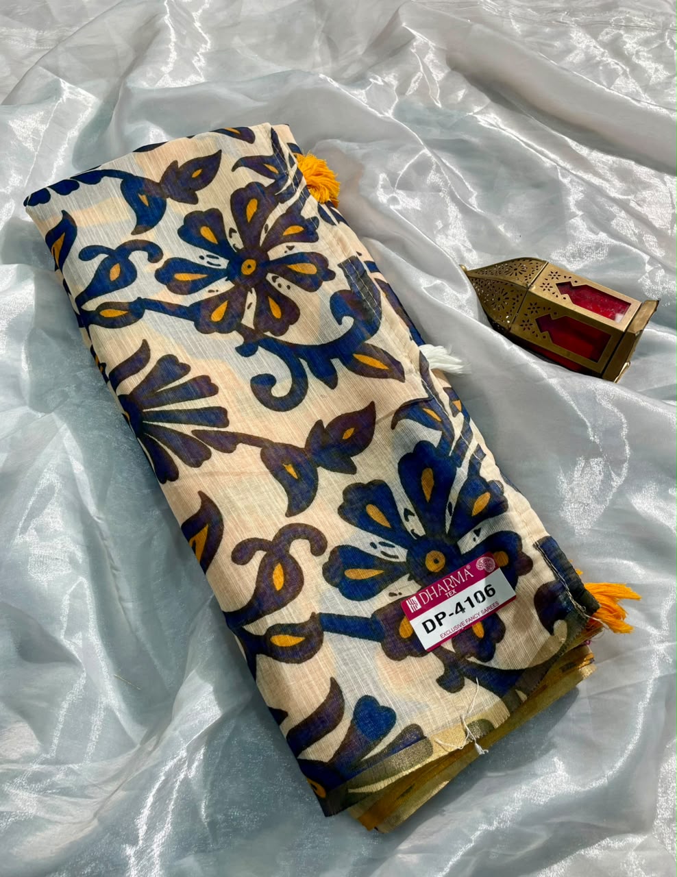 DP-4106 LINEN COTTON FABRIC SAREE WITH BEAUTIFUL DESIGN WITH FLORAL DESIGN WITH TASSELS WITH BLOUSE