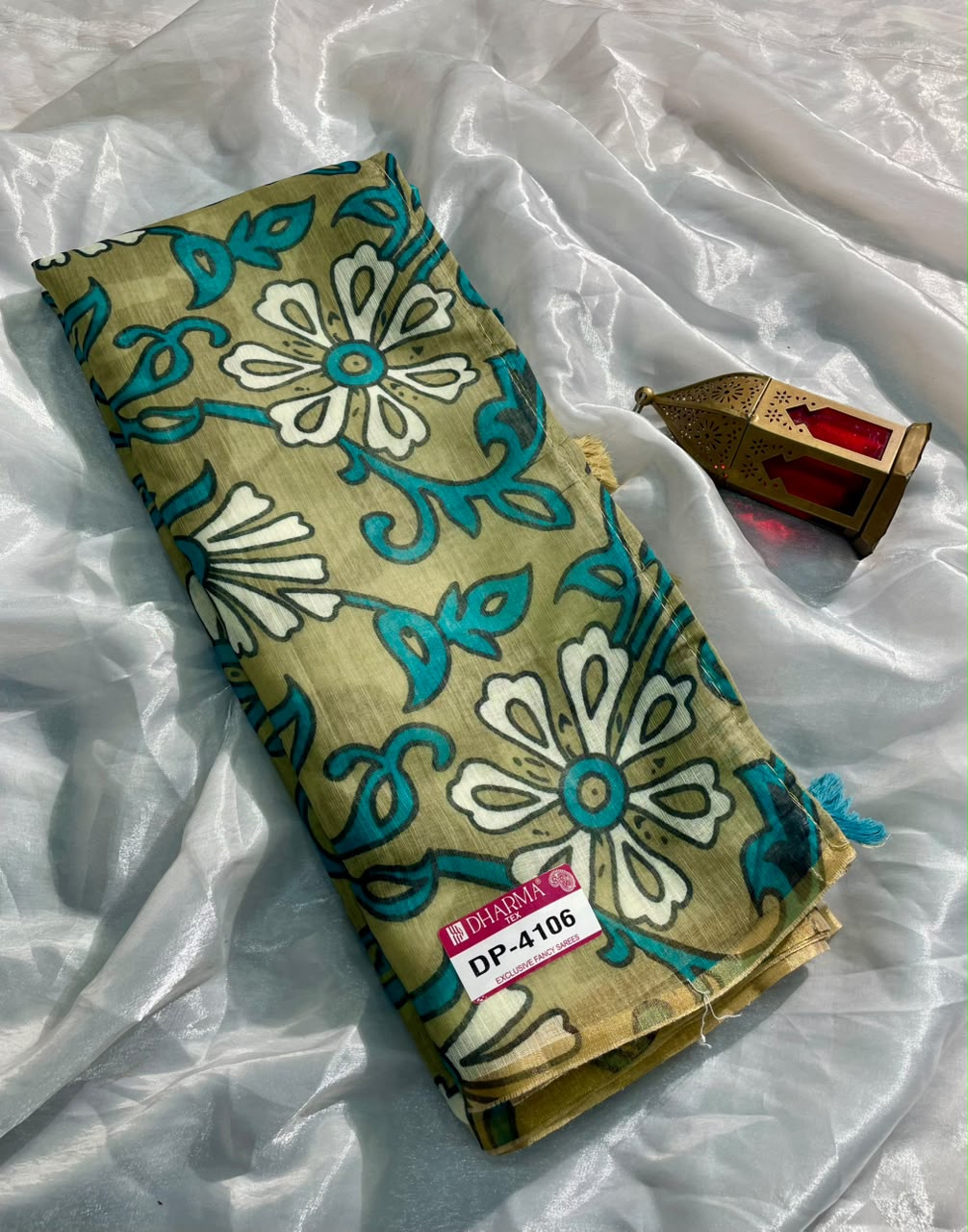 DP-4106 LINEN COTTON FABRIC SAREE WITH BEAUTIFUL DESIGN WITH FLORAL DESIGN WITH TASSELS WITH BLOUSE