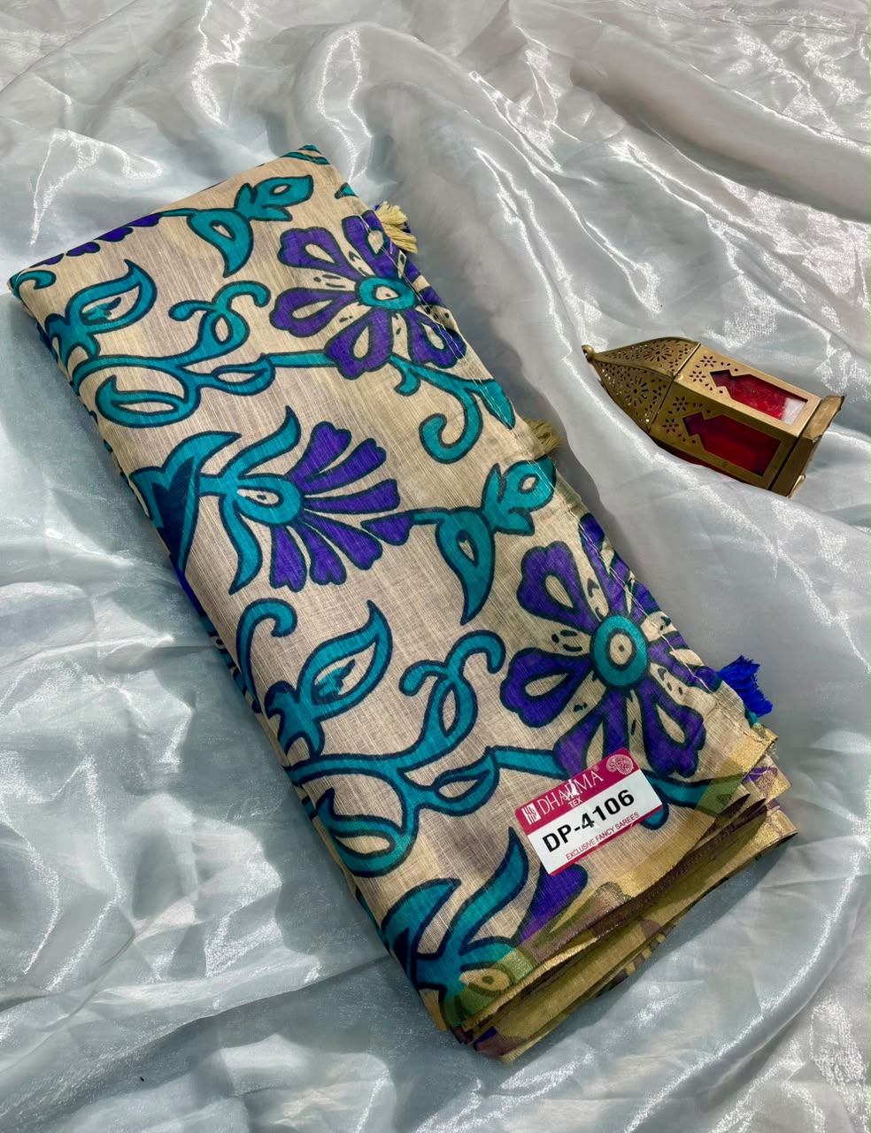 DP-4106 LINEN COTTON FABRIC SAREE WITH BEAUTIFUL DESIGN WITH FLORAL DESIGN WITH TASSELS WITH BLOUSE