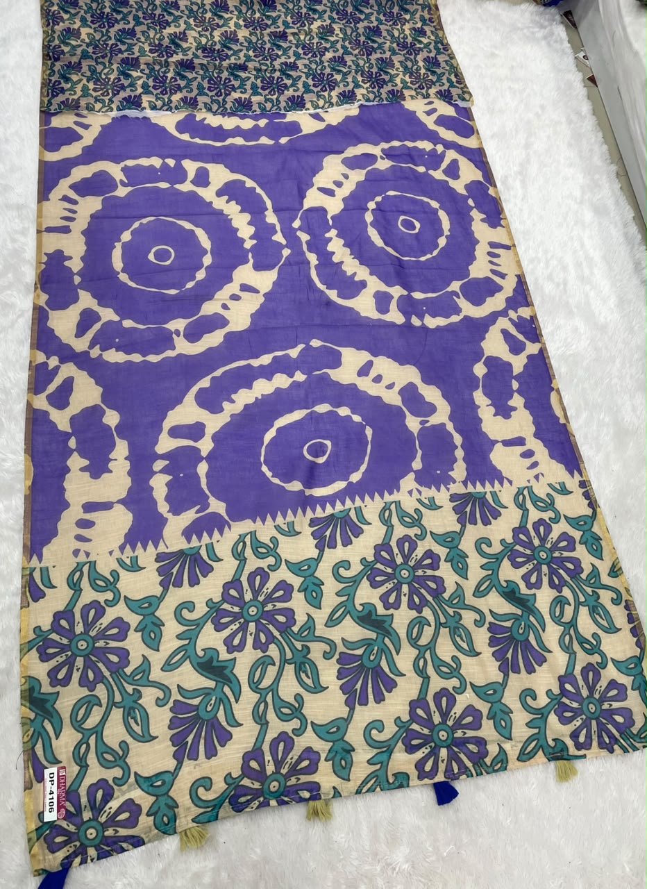 DP-4106 LINEN COTTON FABRIC SAREE WITH BEAUTIFUL DESIGN WITH FLORAL DESIGN WITH TASSELS WITH BLOUSE