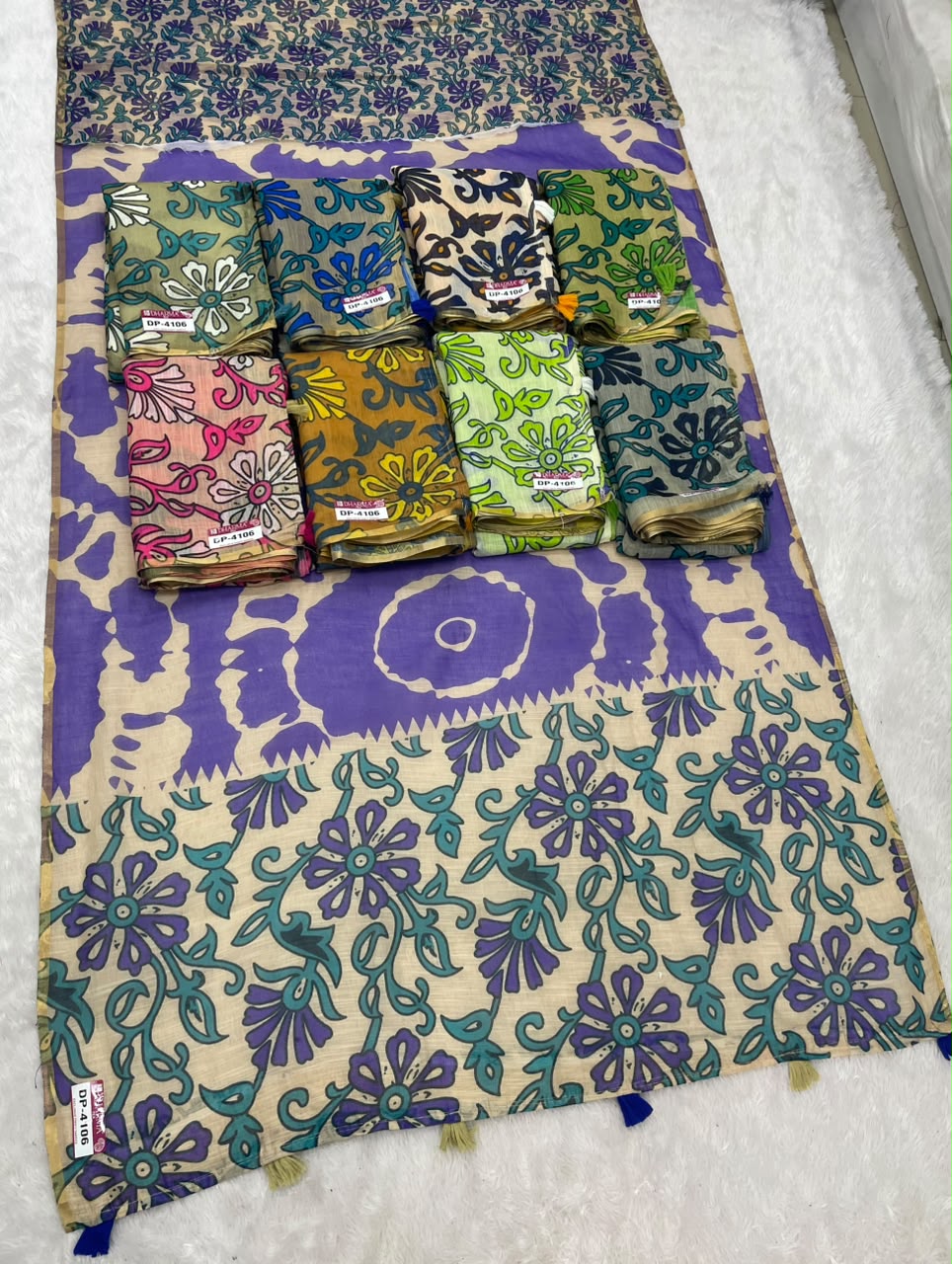 DP-4106 LINEN COTTON FABRIC SAREE WITH BEAUTIFUL DESIGN WITH FLORAL DESIGN WITH TASSELS WITH BLOUSE