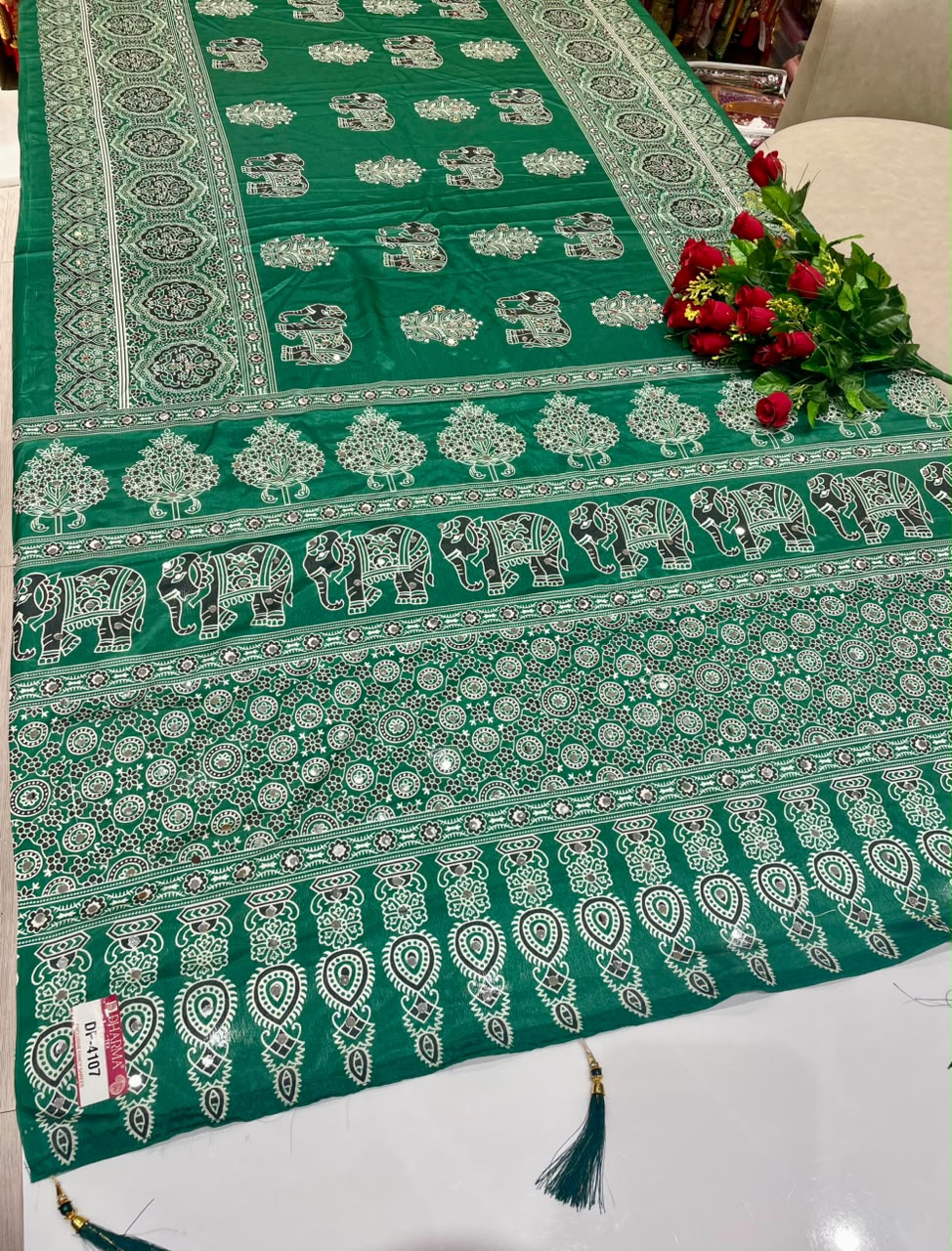 DP-4107 CHINON FABRIC SAREE WITH BEAUTIFUL GAJRAJ DESIGN WITH AJRAKH PRINT SAREE WITH MIRROR WORK WITH TASSELS WITH BLOUSE