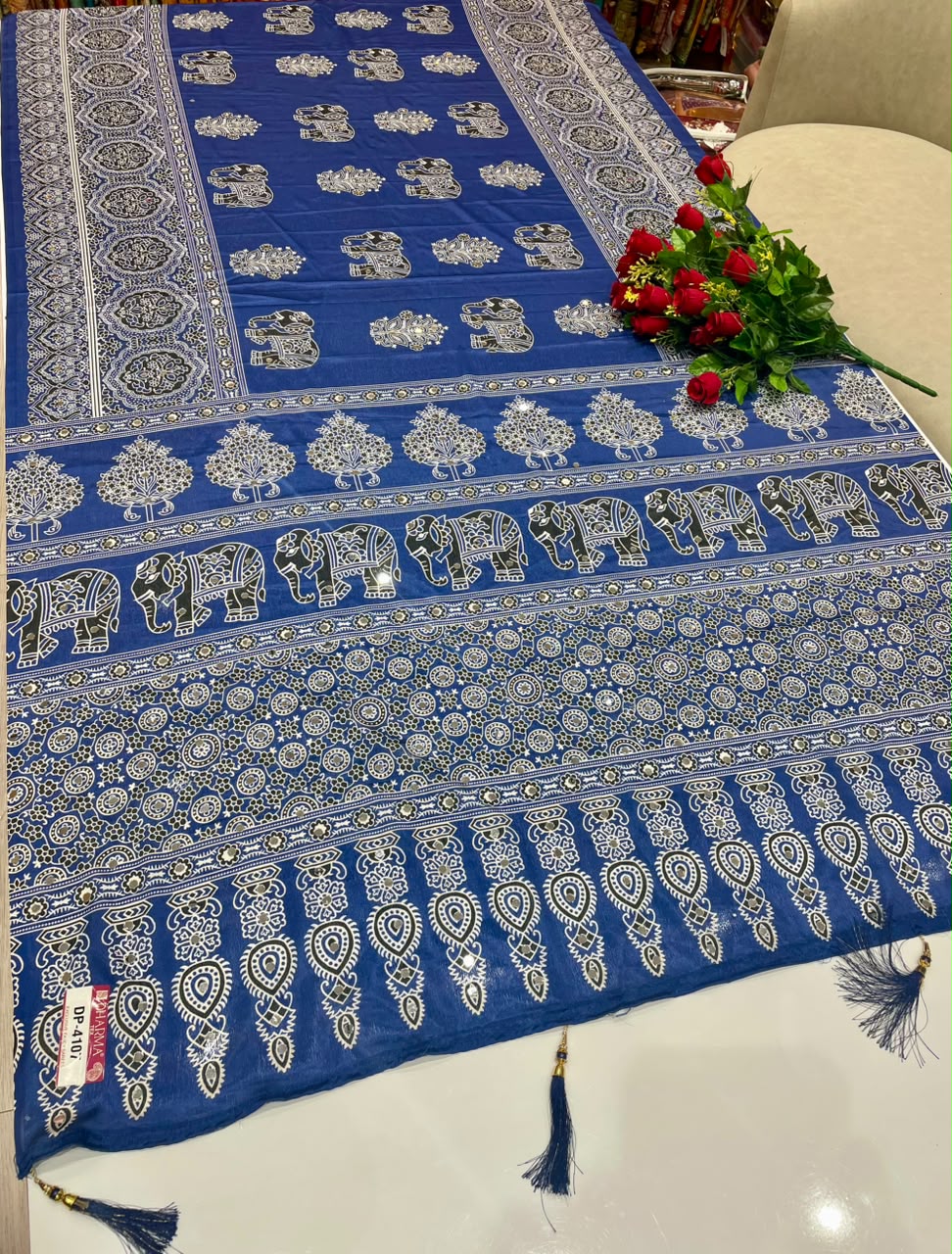 DP-4107 CHINON FABRIC SAREE WITH BEAUTIFUL GAJRAJ DESIGN WITH AJRAKH PRINT SAREE WITH MIRROR WORK WITH TASSELS WITH BLOUSE