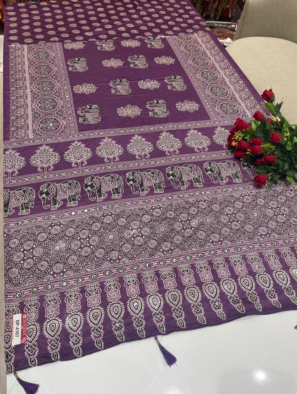 DP-4107 CHINON FABRIC SAREE WITH BEAUTIFUL GAJRAJ DESIGN WITH AJRAKH PRINT SAREE WITH MIRROR WORK WITH TASSELS WITH BLOUSE