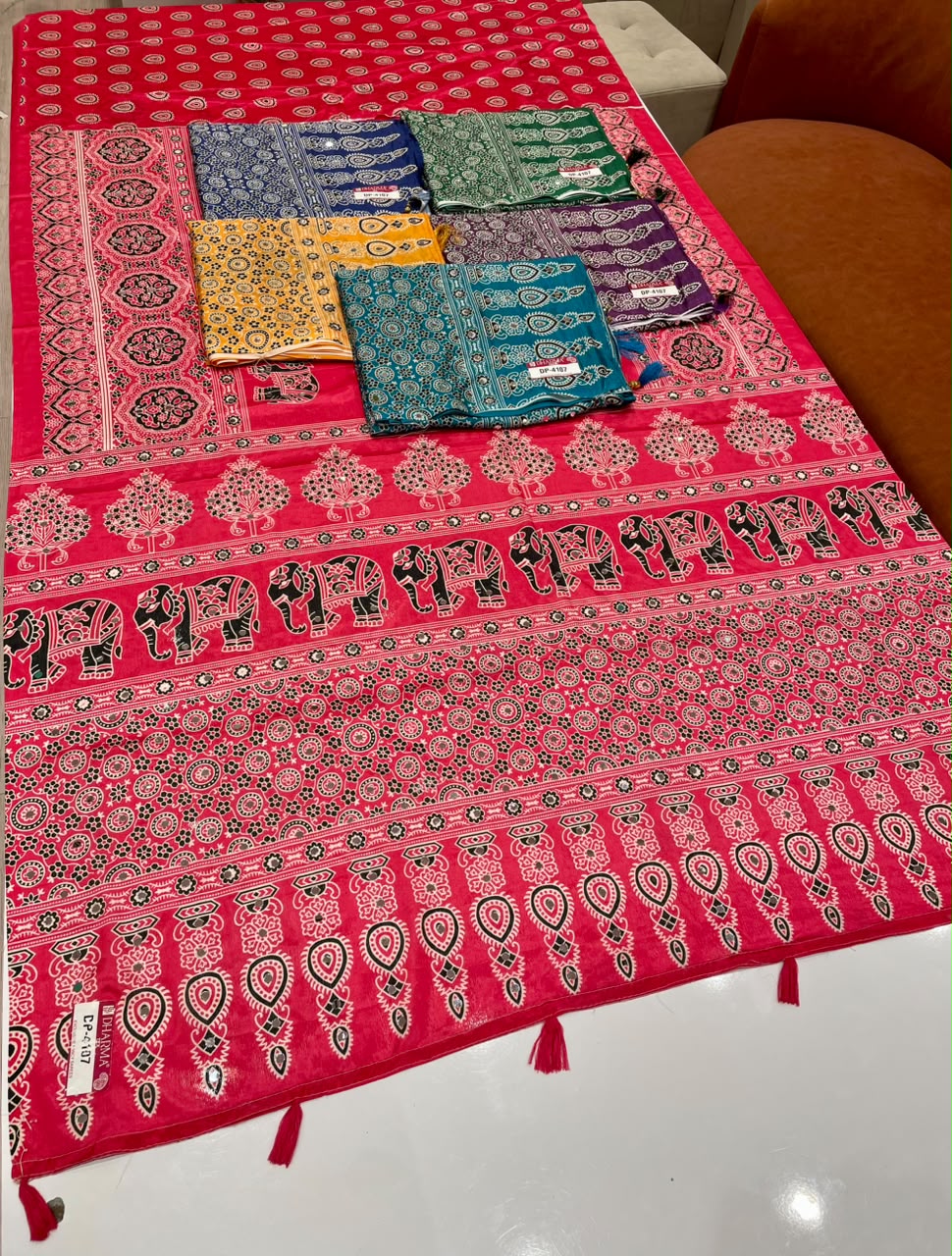 DP-4107 CHINON FABRIC SAREE WITH BEAUTIFUL GAJRAJ DESIGN WITH AJRAKH PRINT SAREE WITH MIRROR WORK WITH TASSELS WITH BLOUSE
