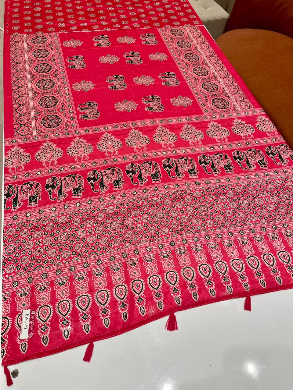 DP-4107 CHINON FABRIC SAREE WITH BEAUTIFUL GAJRAJ DESIGN WITH AJRAKH PRINT SAREE WITH MIRROR WORK WITH TASSELS WITH BLOUSE