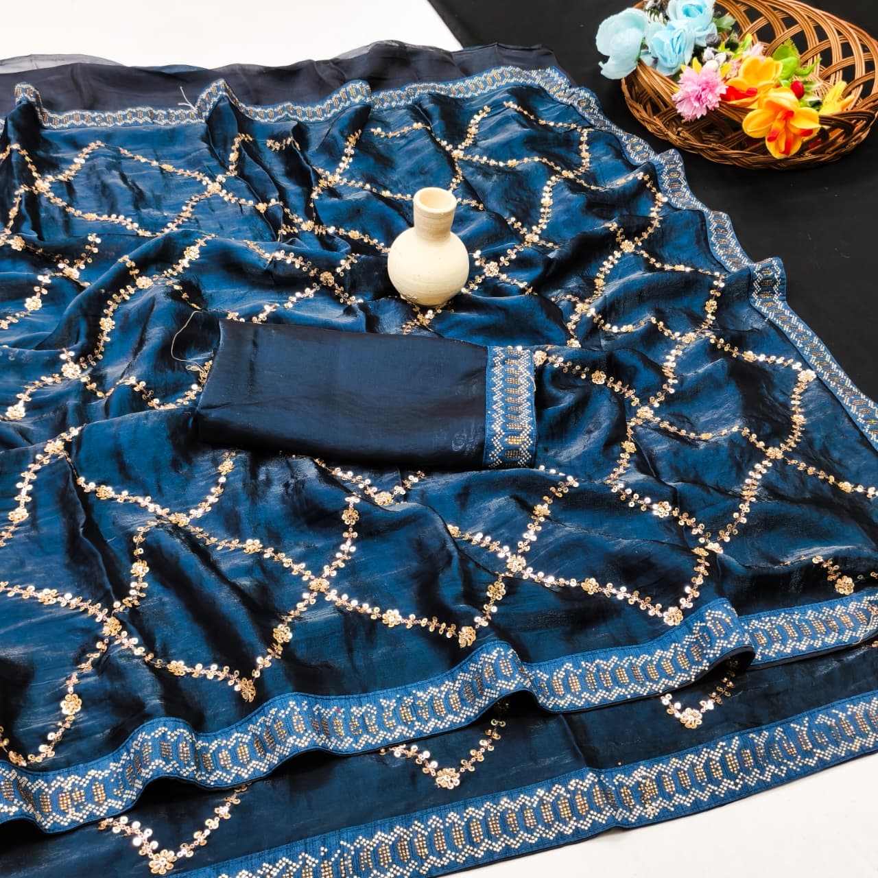 DF-LEHARIYA FENDI SATIN FABRIC SAREE WITH HEAVY SEQUENCE WORK WITH DMC SIROSKI WORK BORDER WITH HEAVY BLOUSE