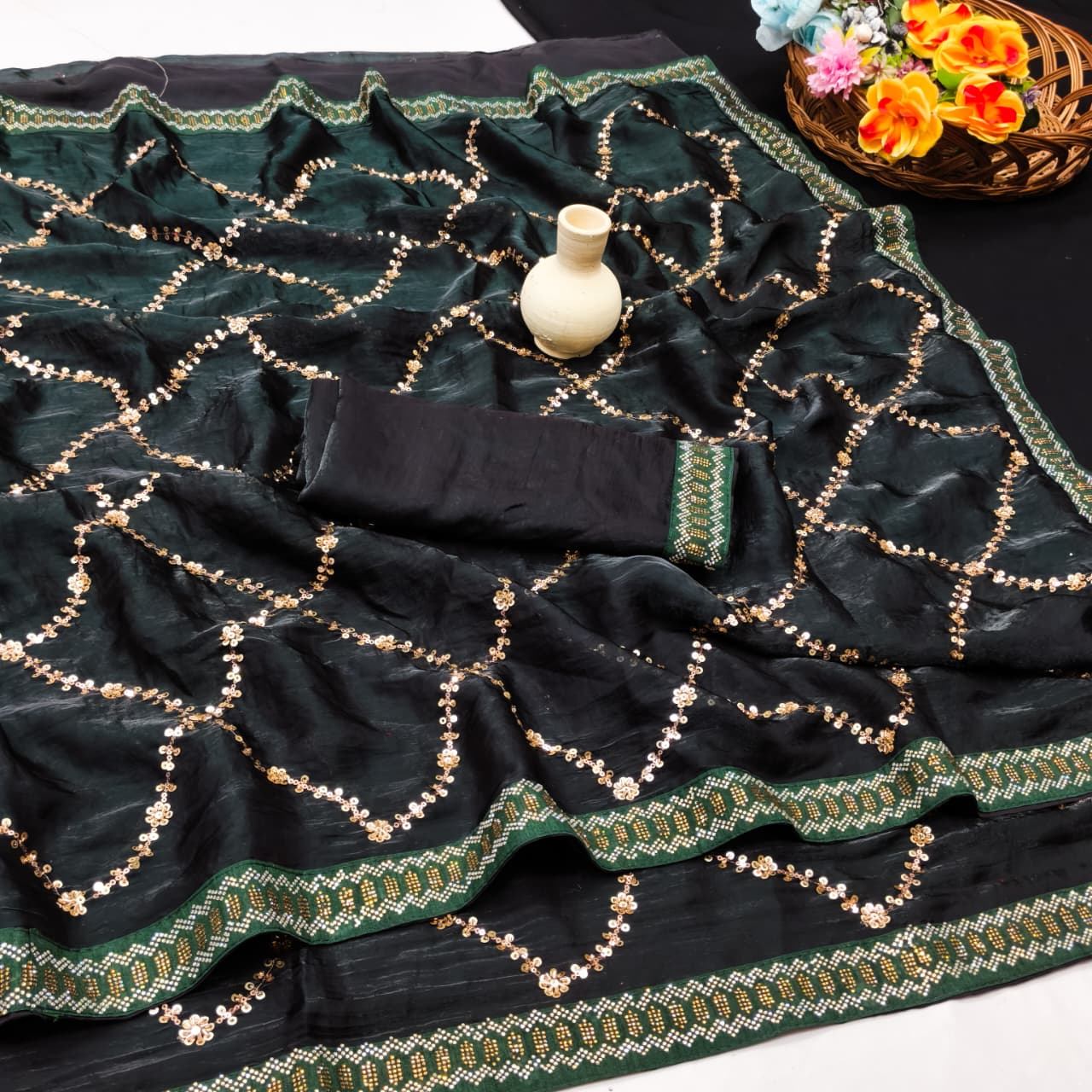 DF-LEHARIYA FENDI SATIN FABRIC SAREE WITH HEAVY SEQUENCE WORK WITH DMC SIROSKI WORK BORDER WITH HEAVY BLOUSE