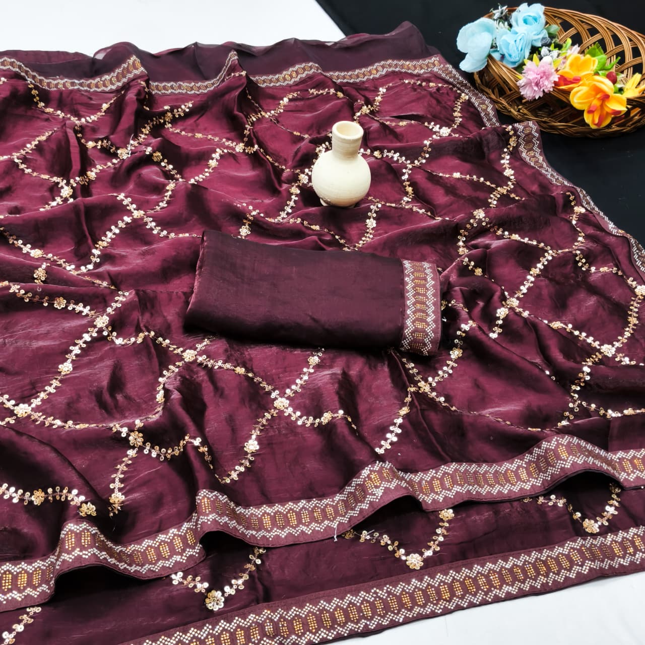 DF-LEHARIYA FENDI SATIN FABRIC SAREE WITH HEAVY SEQUENCE WORK WITH DMC SIROSKI WORK BORDER WITH HEAVY BLOUSE
