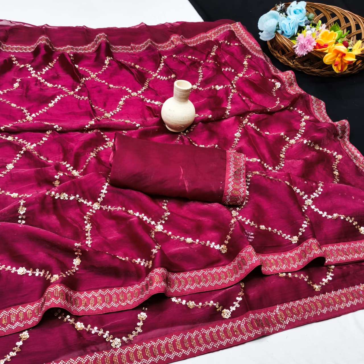 DF-LEHARIYA FENDI SATIN FABRIC SAREE WITH HEAVY SEQUENCE WORK WITH DMC SIROSKI WORK BORDER WITH HEAVY BLOUSE