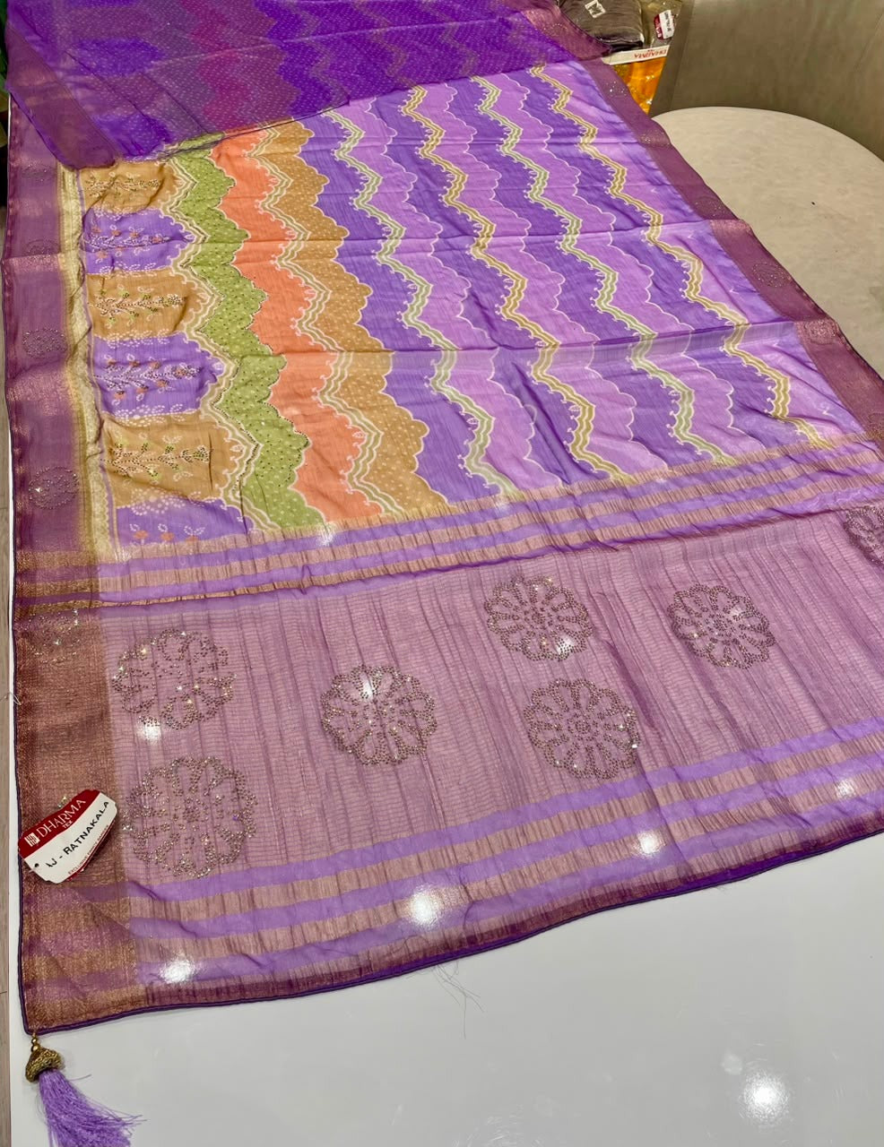 AJ-RATNAKALA FANCY FABRIC WITH DIGITAL PRINT MULTI-COLOR LAHERIA DESIGN WITH DMC SIROSKI WORK & BLOUSE