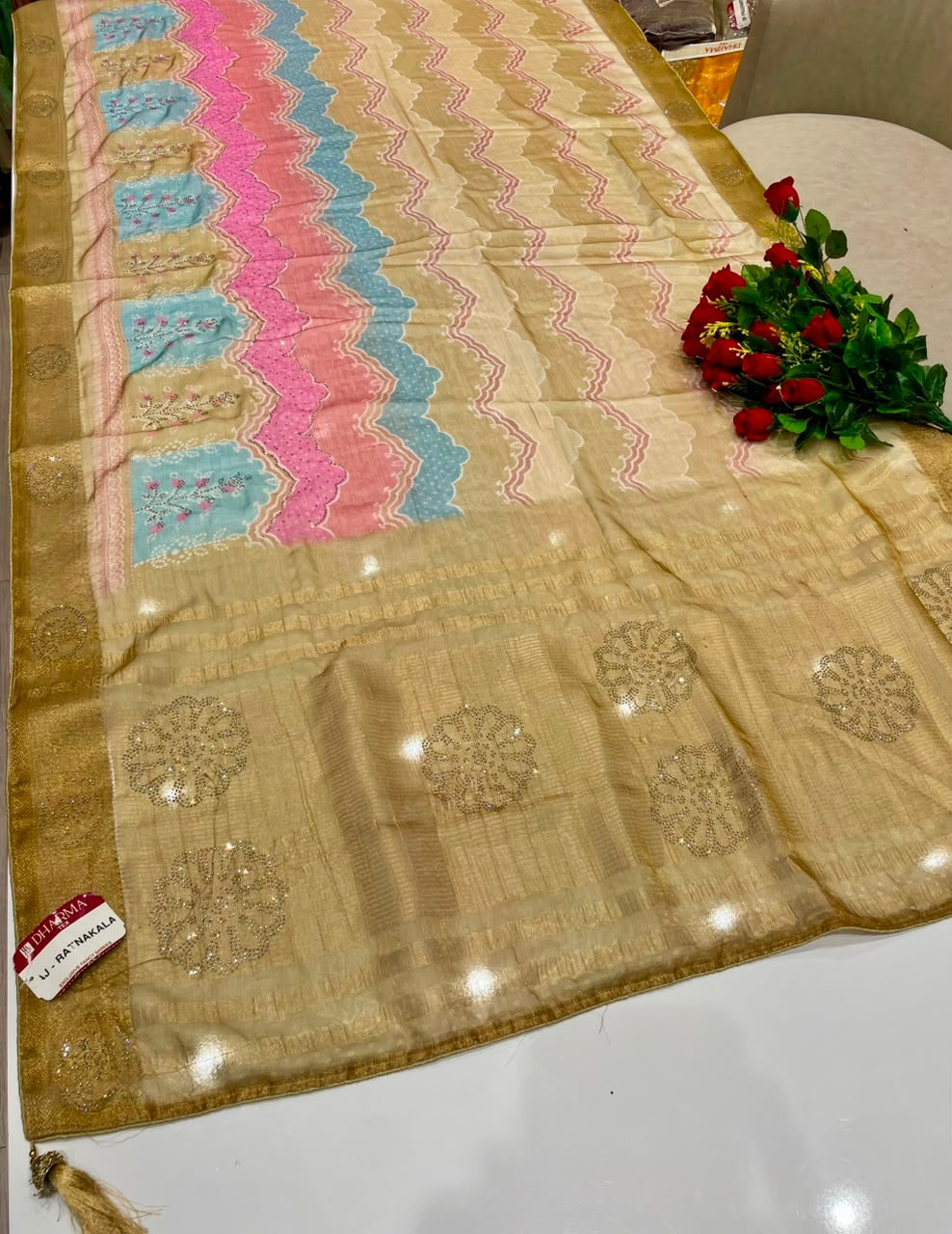 AJ-RATNAKALA FANCY FABRIC WITH DIGITAL PRINT MULTI-COLOR LAHERIA DESIGN WITH DMC SIROSKI WORK & BLOUSE