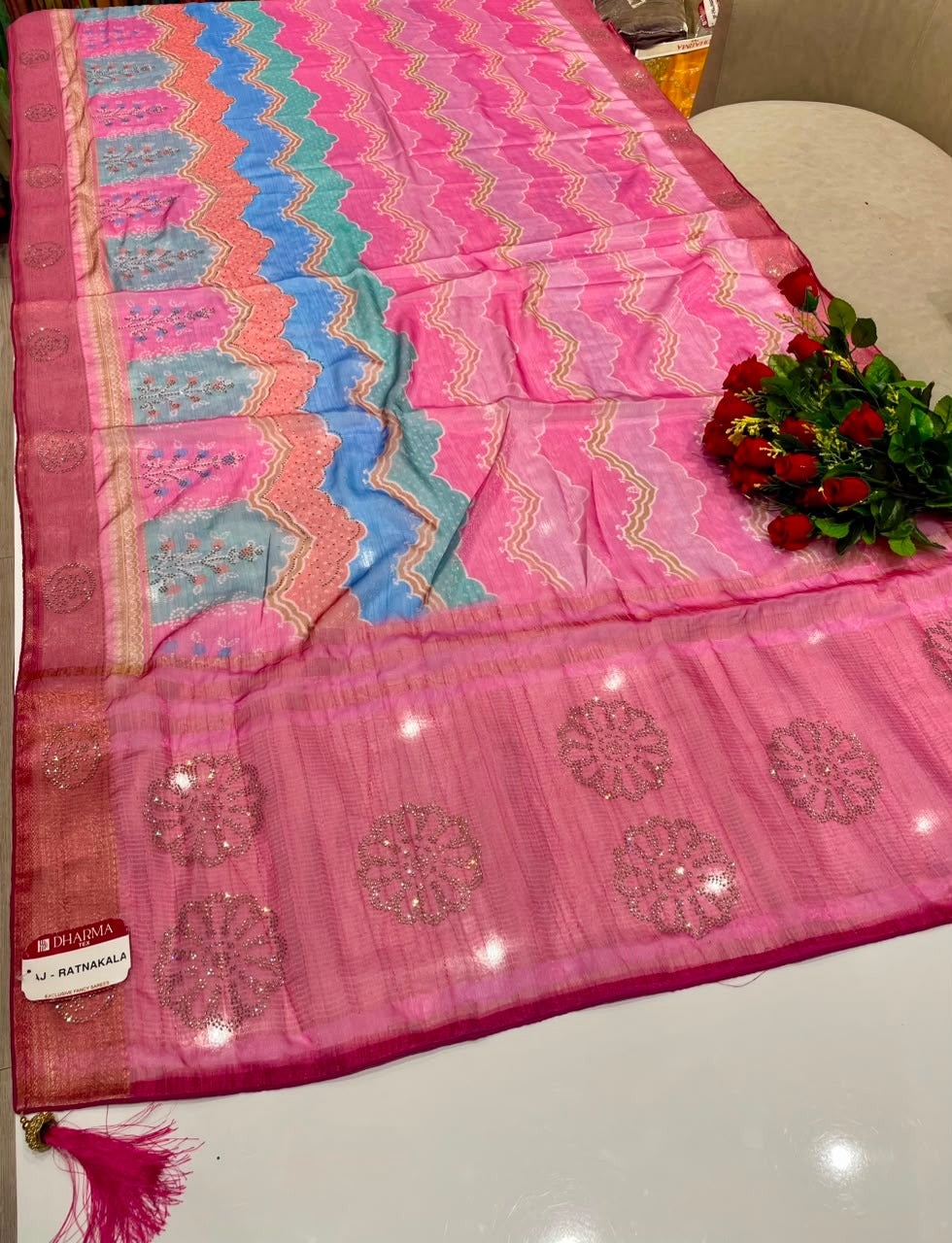 AJ-RATNAKALA FANCY FABRIC WITH DIGITAL PRINT MULTI-COLOR LAHERIA DESIGN WITH DMC SIROSKI WORK & BLOUSE