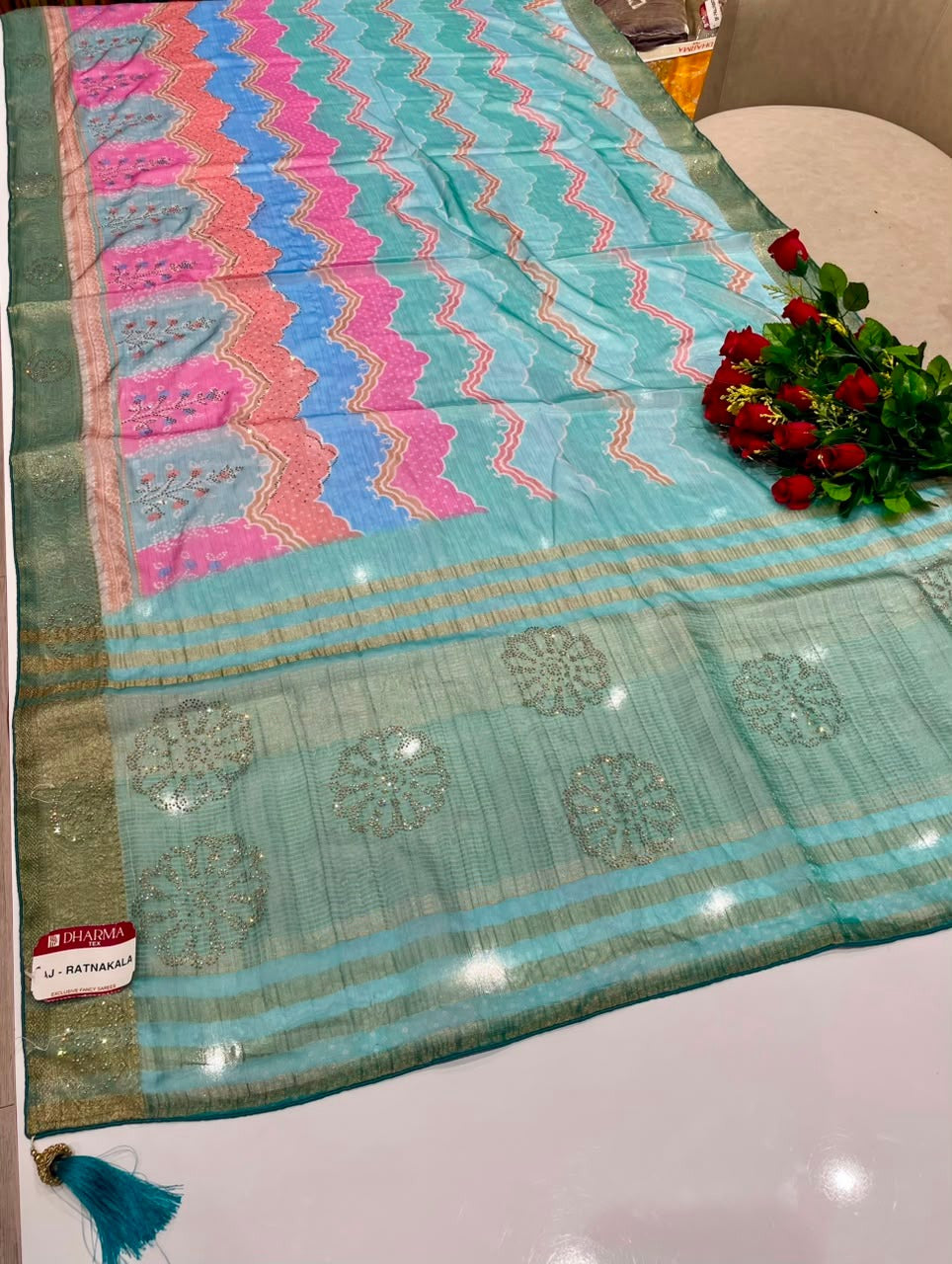 AJ-RATNAKALA FANCY FABRIC WITH DIGITAL PRINT MULTI-COLOR LAHERIA DESIGN WITH DMC SIROSKI WORK & BLOUSE