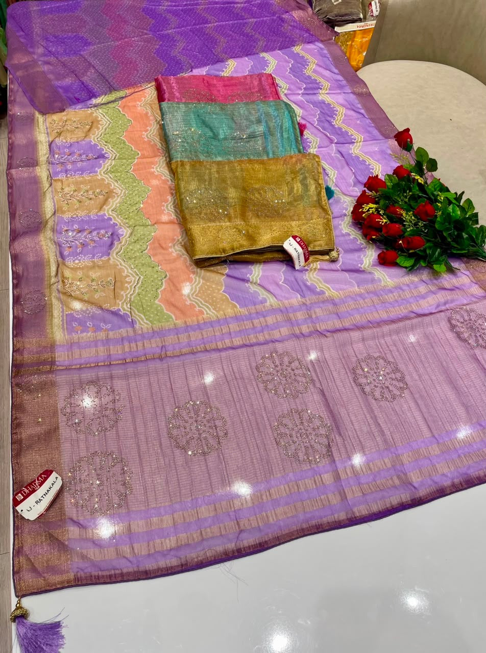 AJ-RATNAKALA FANCY FABRIC WITH DIGITAL PRINT MULTI-COLOR LAHERIA DESIGN WITH DMC SIROSKI WORK & BLOUSE