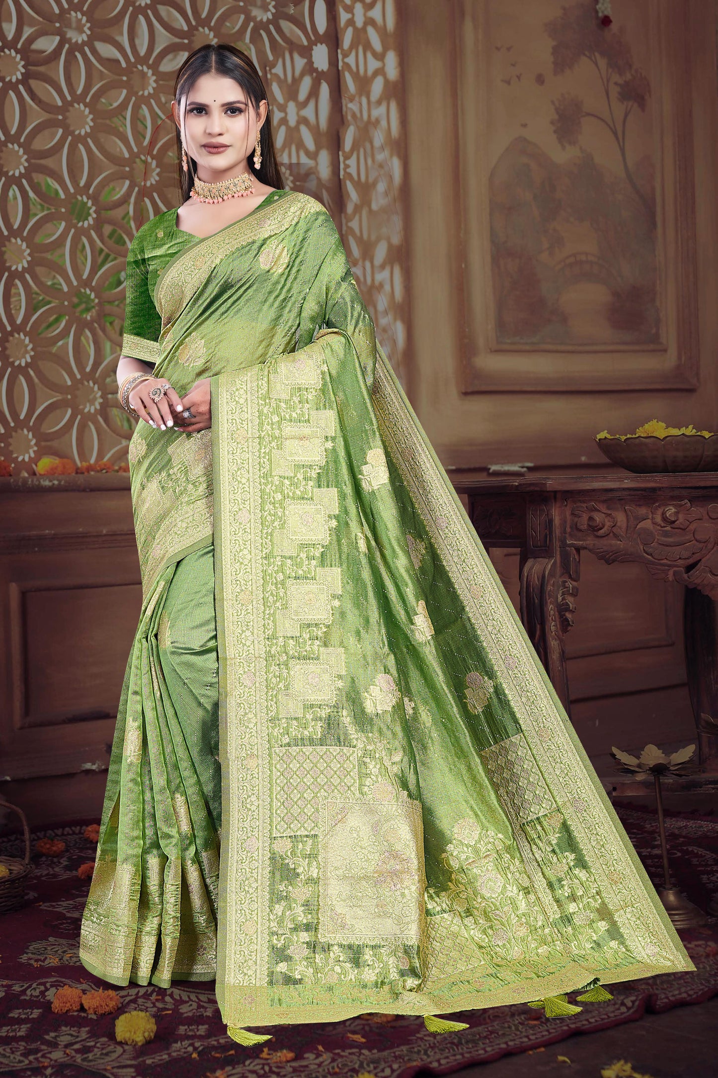 AJ-SPACE PREMIUM KHADI SILK SAREE WITH GRAND PALLU WITH BEAUTIFUL DESIGN WITH SIROSKI ALL OVER WITH TASSELS ATTACHED ON PALLU