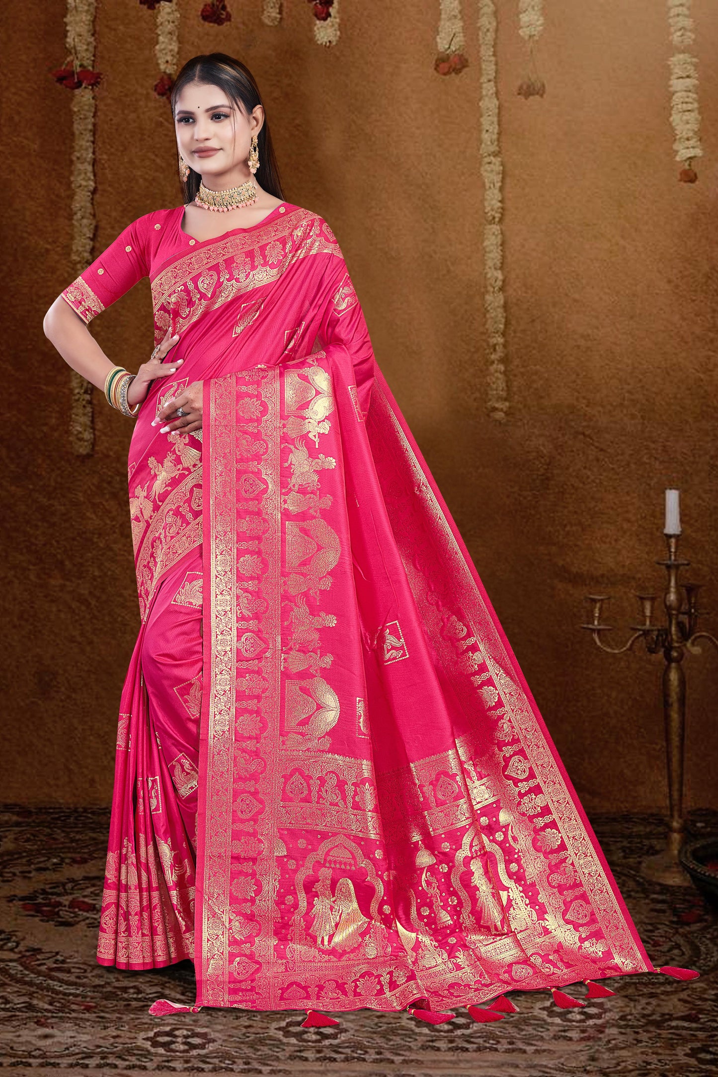 AJ-ROYAL PREMIUM SOFT SILK SAREE WITH BEAUTIFUL PATLI WORK WITH BAHARAT PRINT ON PALLU WITH PEACOCK ALL OVER